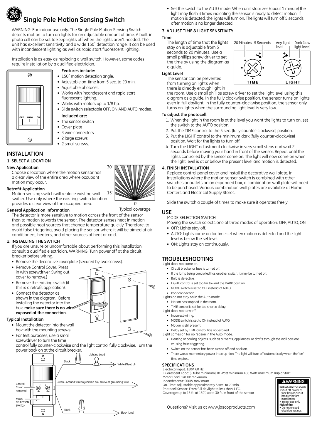 Jasco 57884 specifications Installation, Use, Troubleshooting 