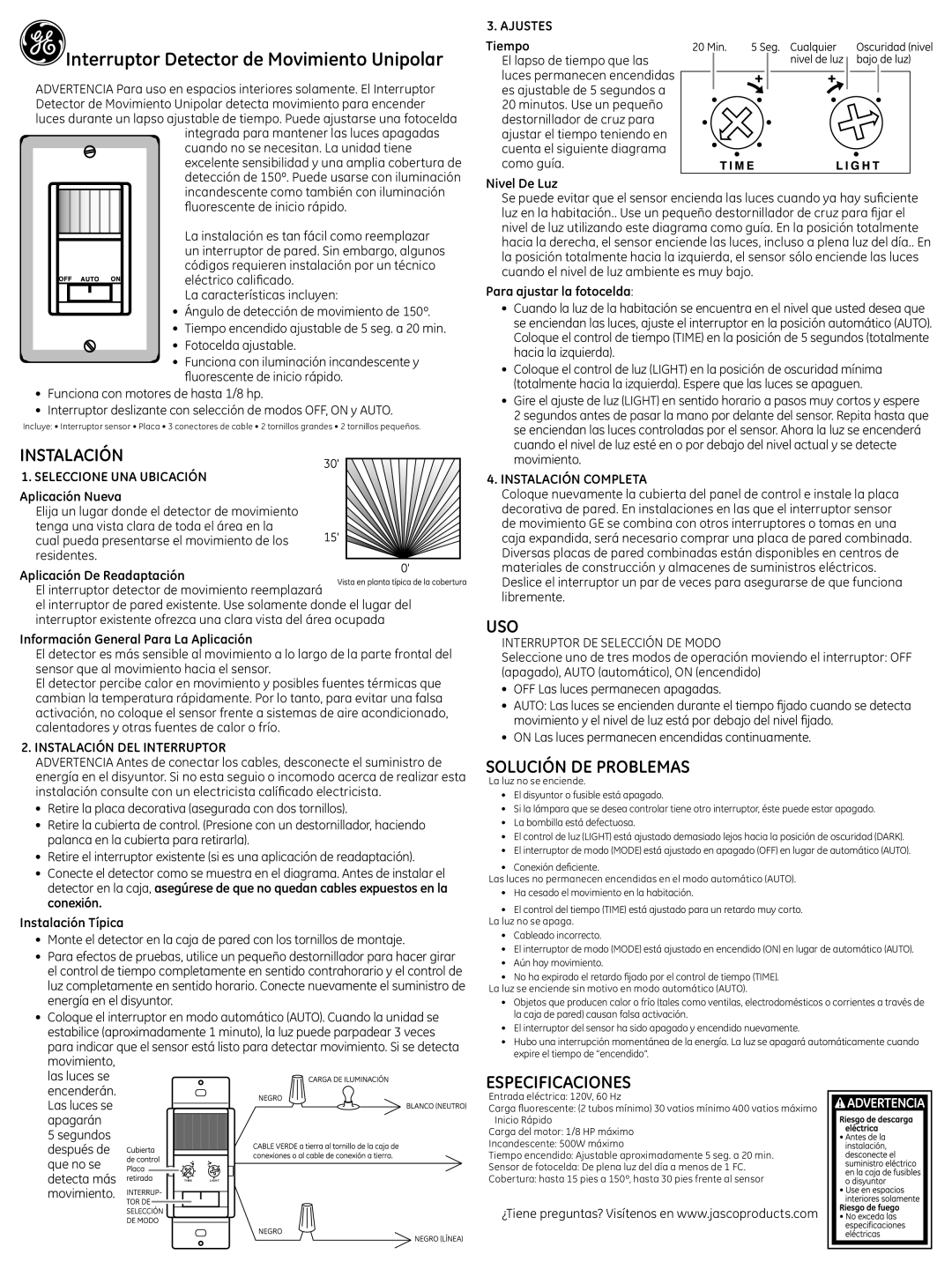 Jasco 57884 specifications Instalación, Uso, Solución DE Problemas, Especificaciones 