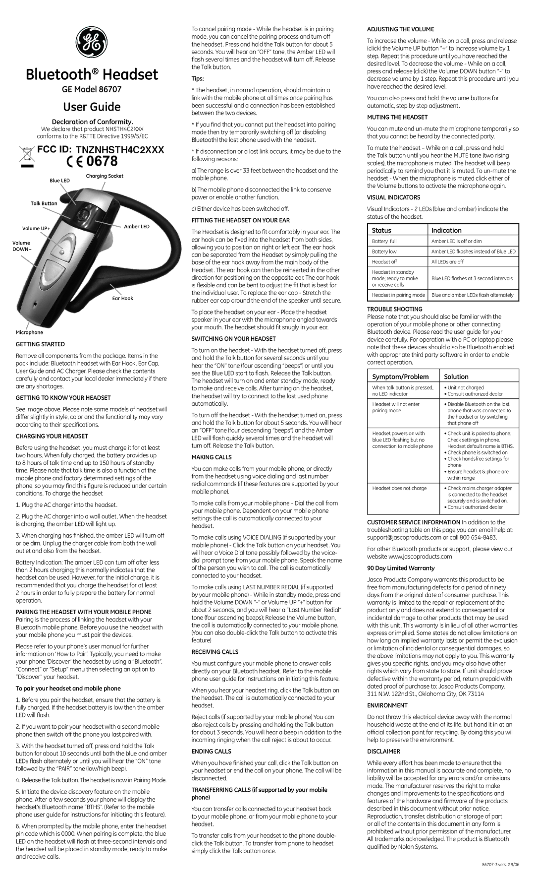 Jasco 86707 specifications Adjusting the Volume, Muting the Headset, Fitting the Headset on Your EAR, Visual Indicators 