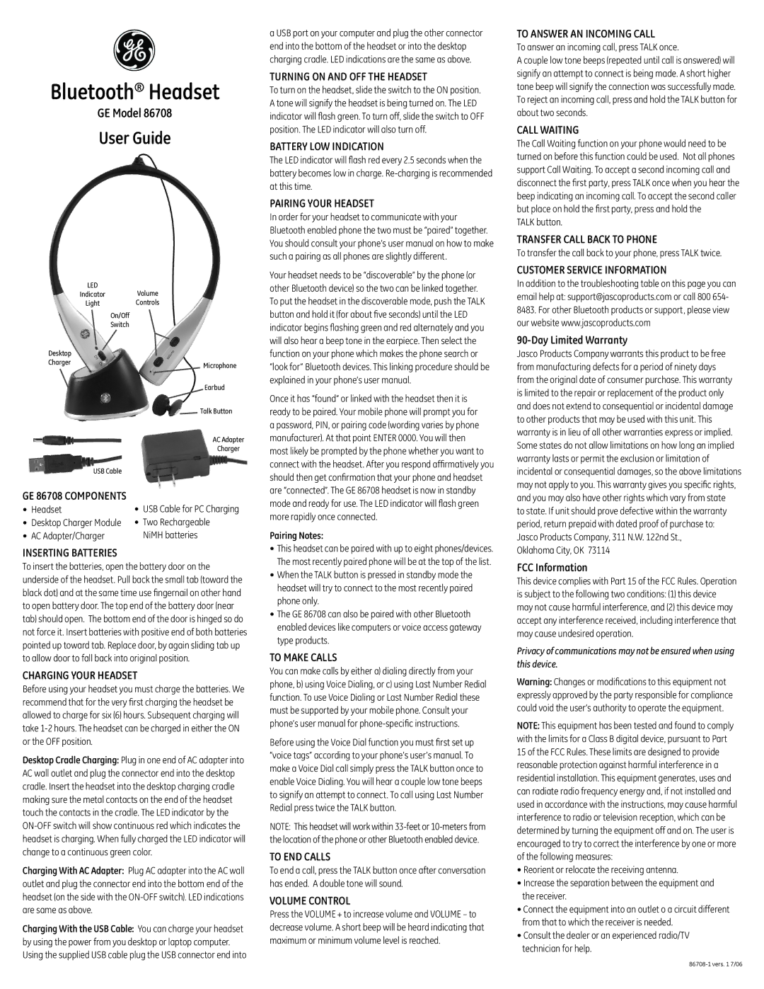 Jasco 86708 warranty Inserting Batteries, Charging Your Headset, Turning on and OFF the Headset, Battery LOW Indication 