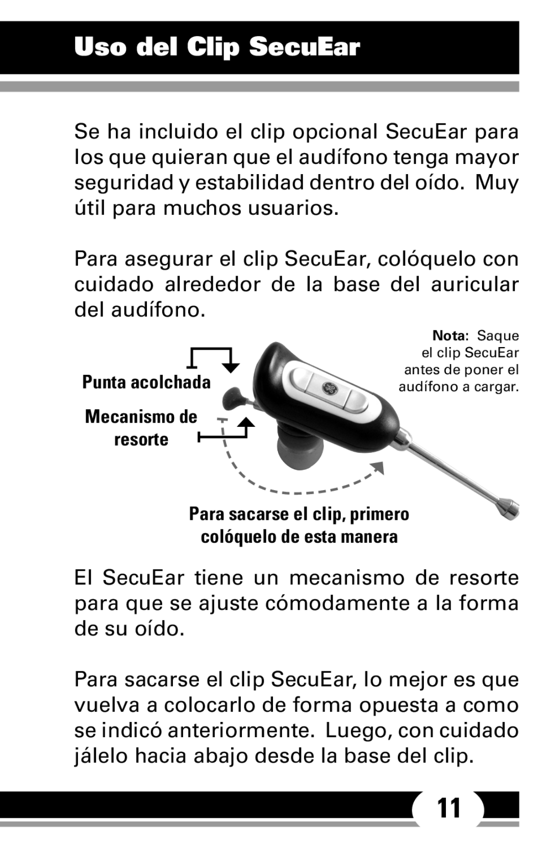 Jasco 86711 manual Uso del Clip SecuEar 