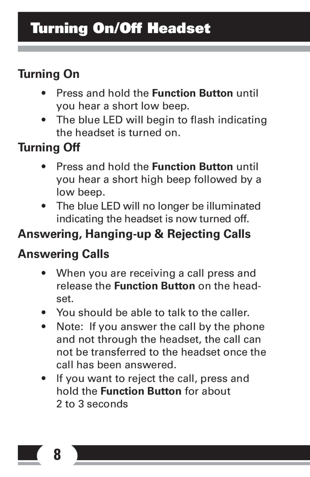 Jasco 86711 manual Turning On/Off Headset, Turning Off, Answering, Hanging-up & Rejecting Calls Answering Calls 