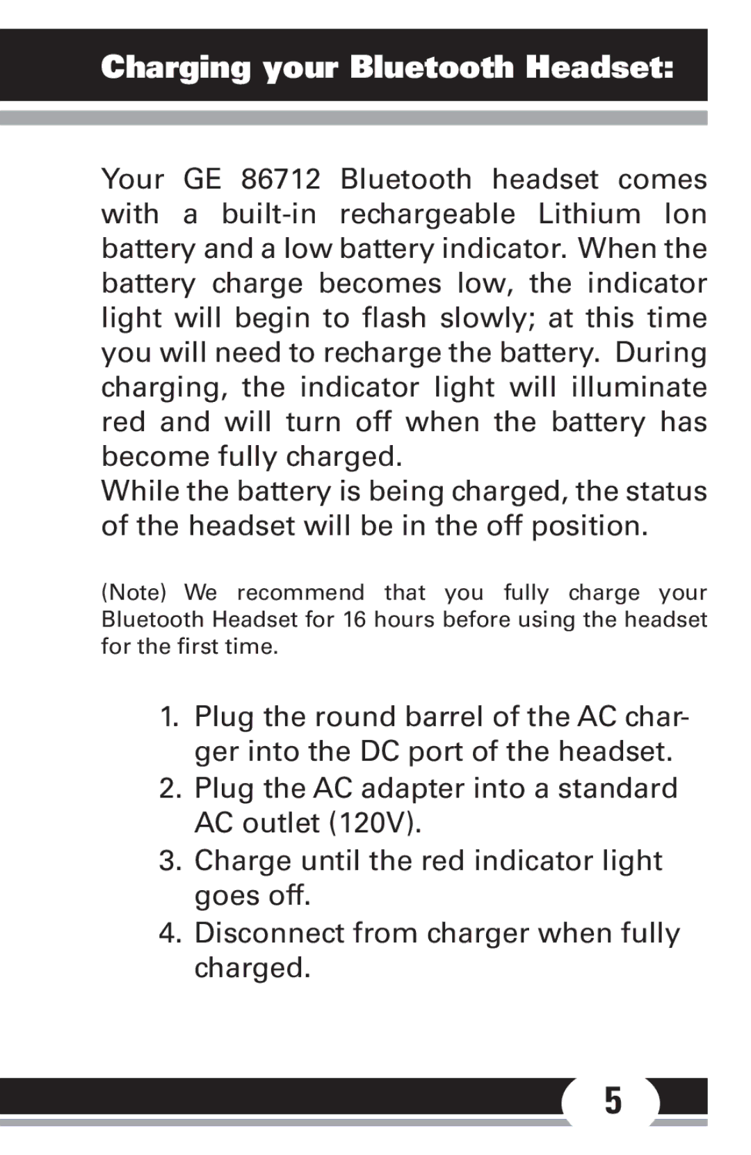 Jasco 86712 manual Charging your Bluetooth Headset 