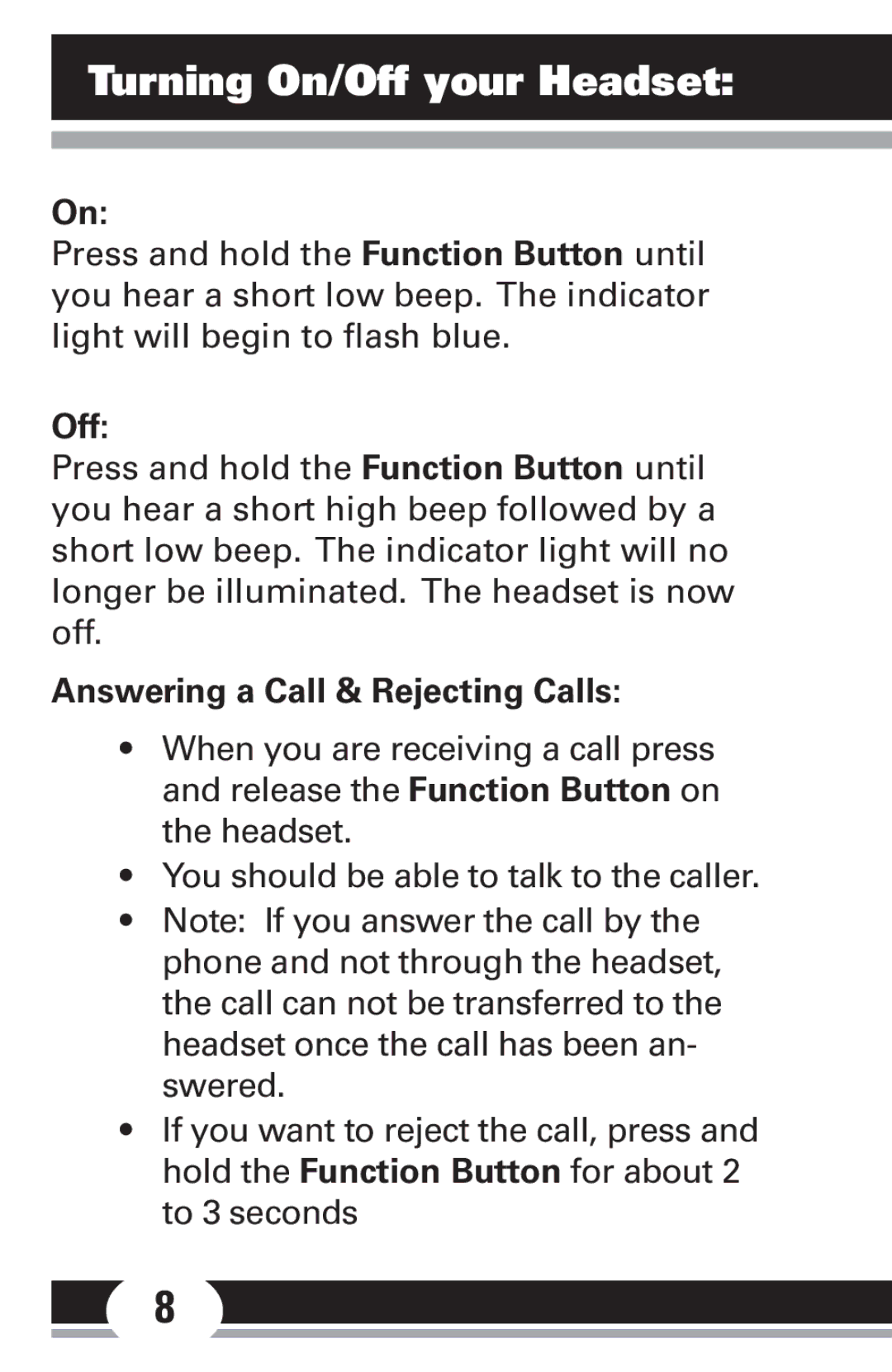 Jasco 86712 manual Turning On/Off your Headset, Answering a Call & Rejecting Calls 