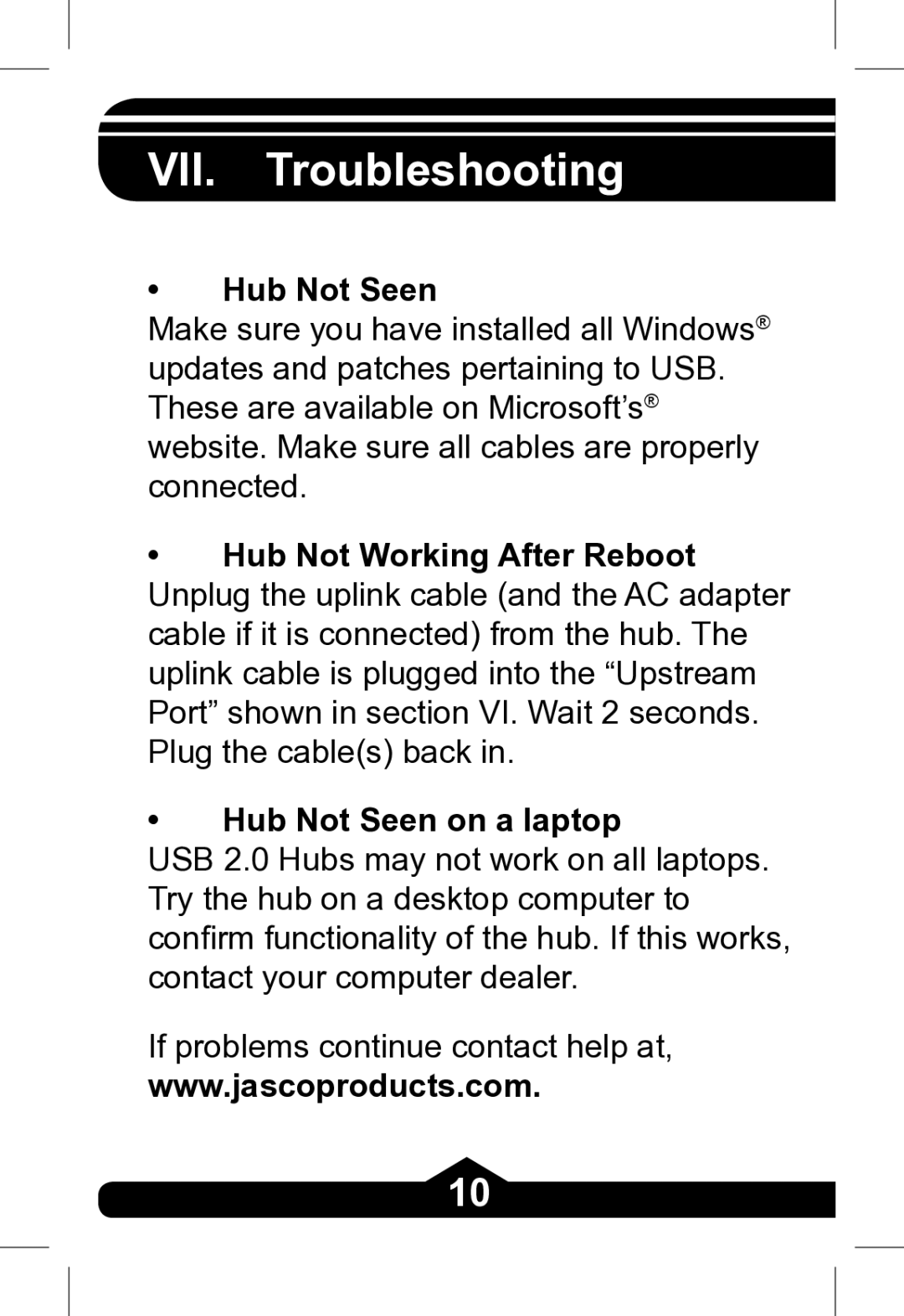 Jasco 97847, 97846, 97845 instruction manual VII. Troubleshooting, Hub Not Seen 