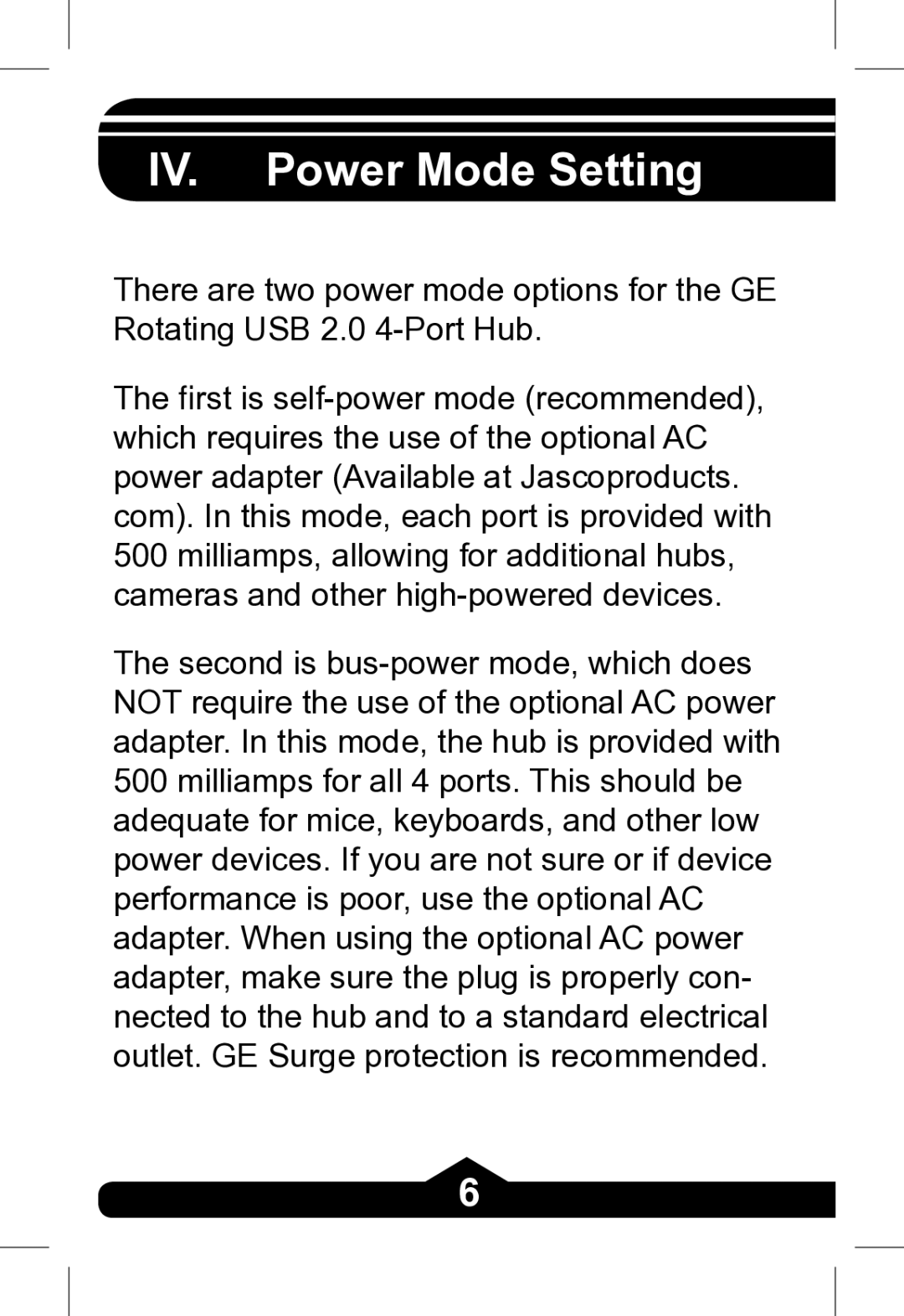 Jasco 97846, 97845, 97847 instruction manual IV. Power Mode Setting 