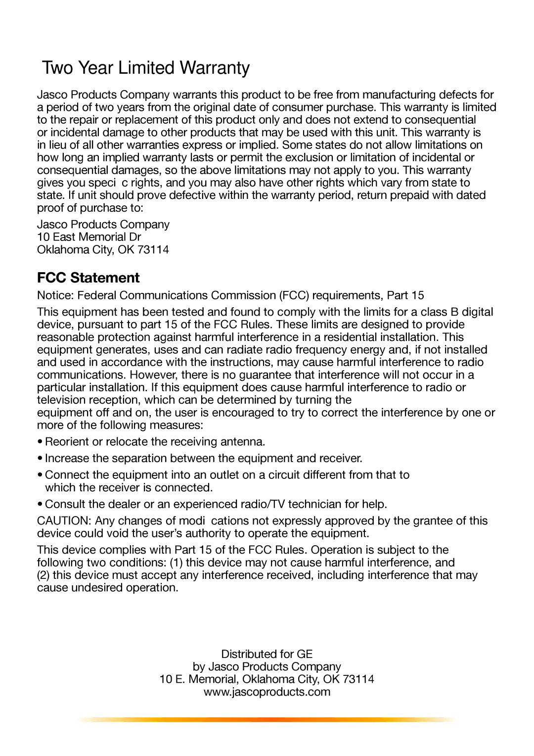 Jasco 98064 instruction manual Two Year Limited Warranty, FCC Statement 