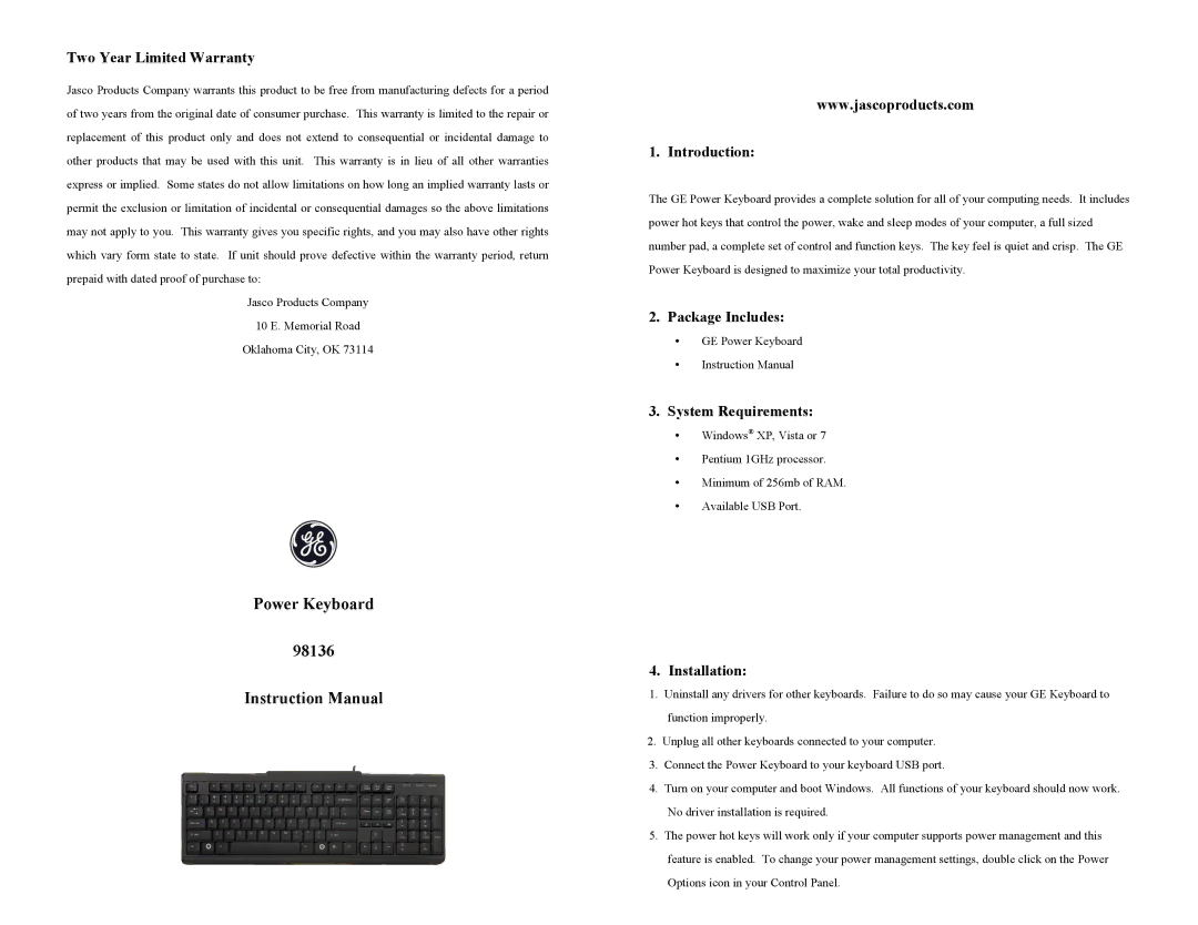 Jasco instruction manual Power Keyboard 98136 