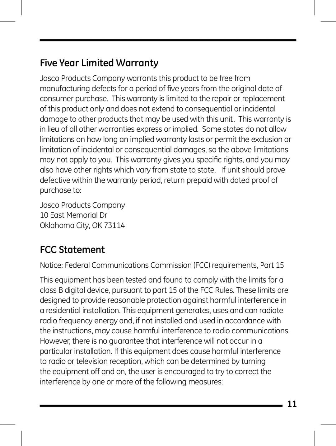 Jasco 98505 instruction manual Five Year Limited Warranty, FCC Statement 