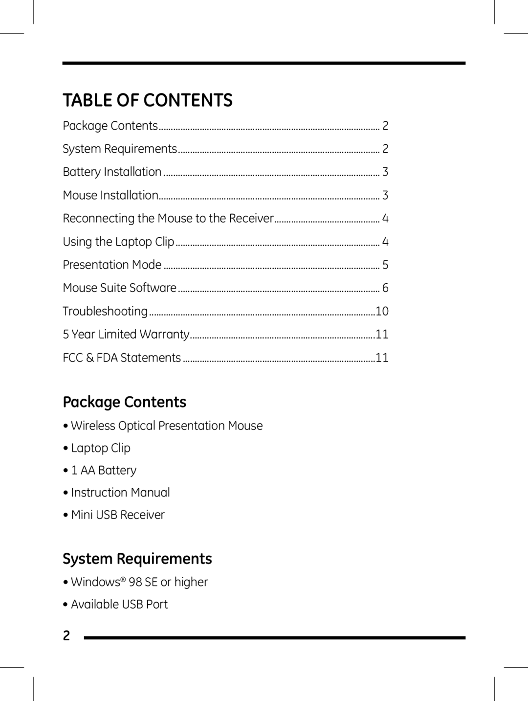 Jasco 98505 instruction manual Table of Contents 