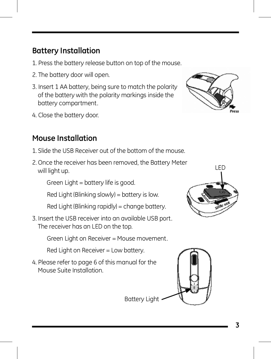 Jasco 98505 instruction manual Battery Installation, Mouse Installation 