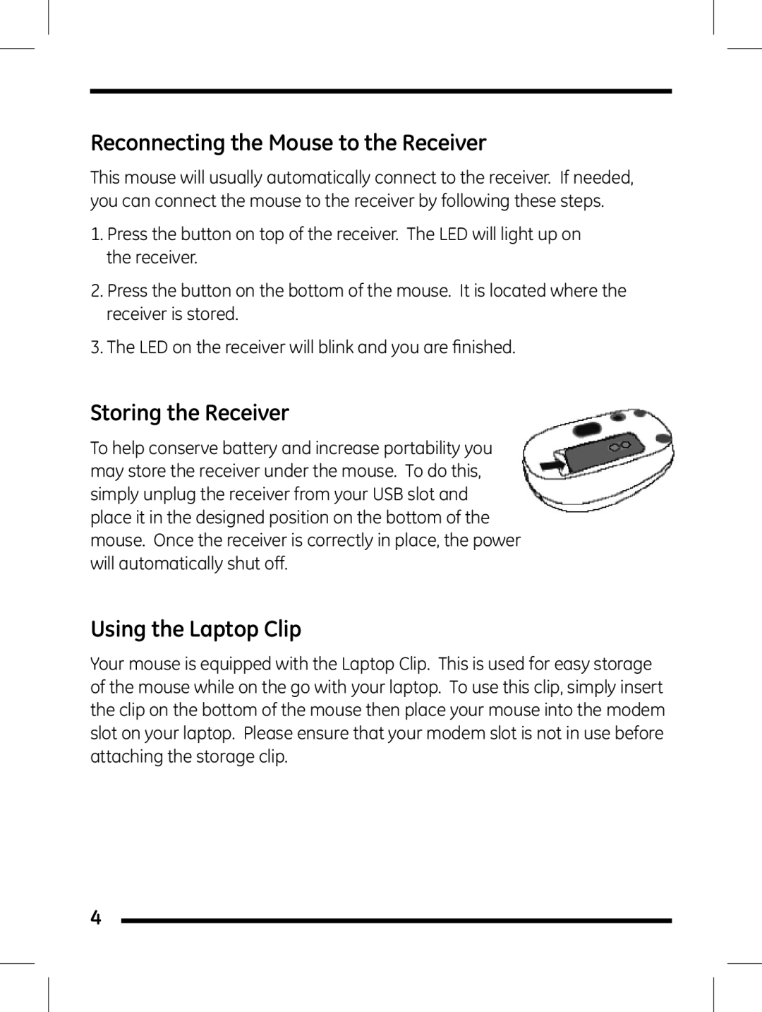 Jasco 98505 instruction manual Reconnecting the Mouse to the Receiver, Storing the Receiver, Using the Laptop Clip 