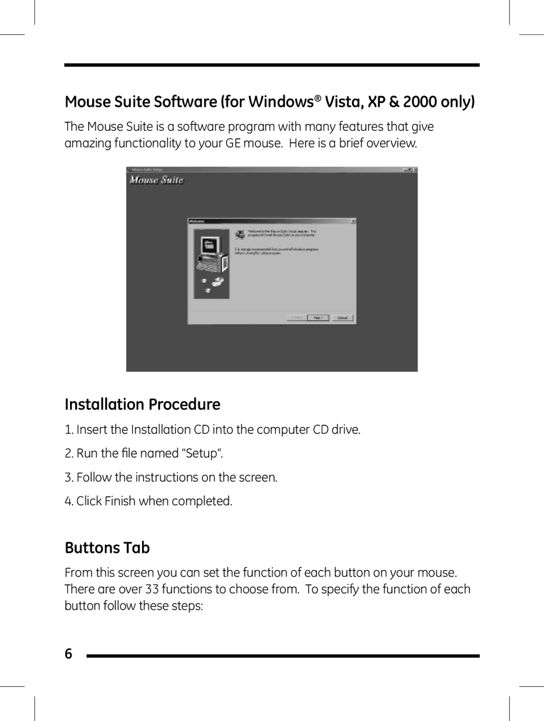 Jasco 98505 instruction manual Mouse Suite Software for Windows Vista, XP & 2000 only, Installation Procedure, Buttons Tab 