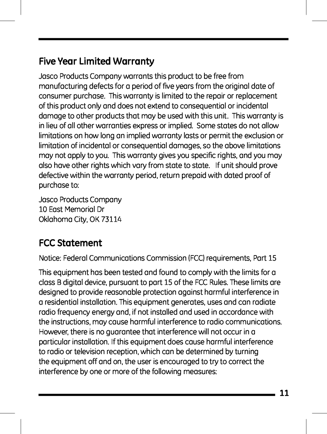 Jasco 98505 Five Year Limited Warranty, FCC Statement, Jasco Products Company 10 East Memorial Dr Oklahoma City, OK 