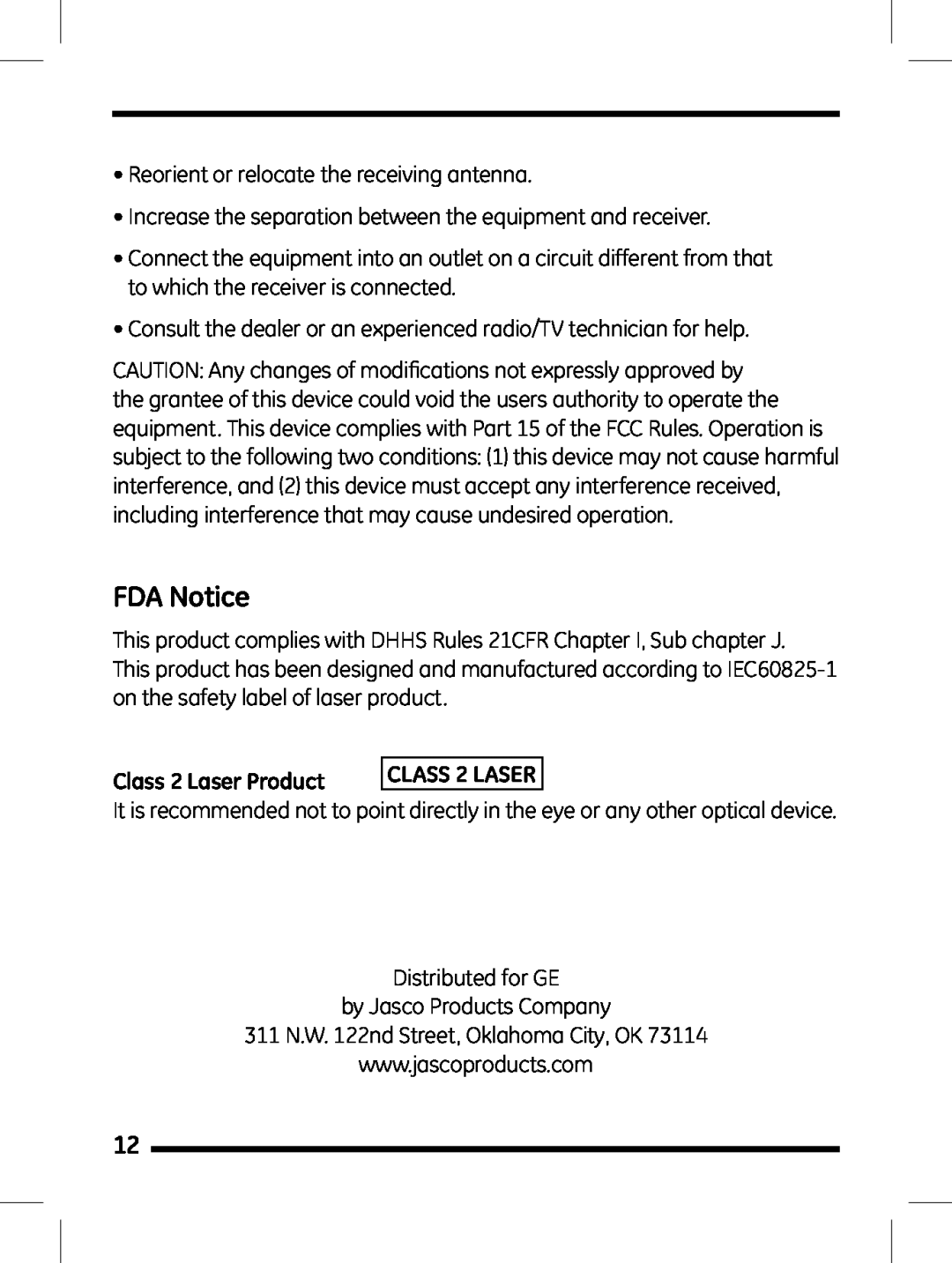 Jasco 98505 instruction manual FDA Notice, Class 2 Laser Product 