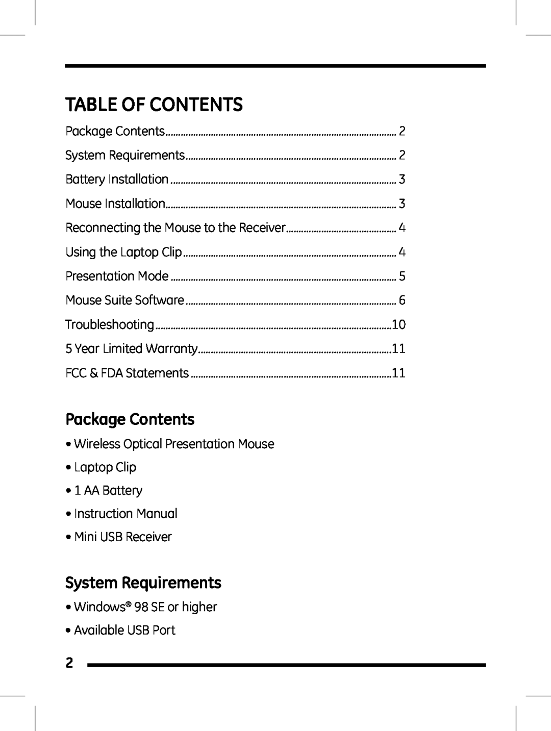 Jasco 98505 instruction manual Package Contents, System Requirements, Table Of Contents 