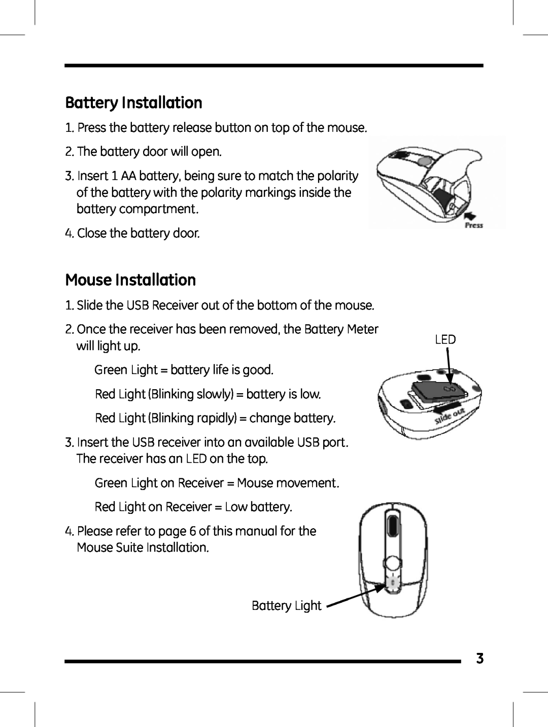 Jasco 98505 instruction manual Battery Installation, Mouse Installation 