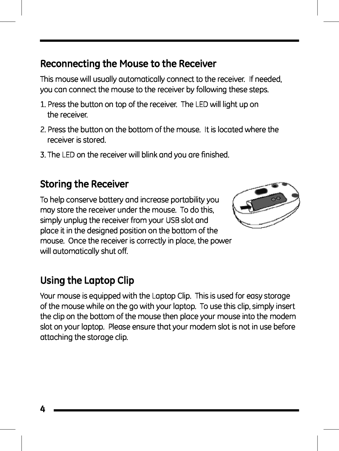 Jasco 98505 instruction manual Reconnecting the Mouse to the Receiver, Storing the Receiver, Using the Laptop Clip 