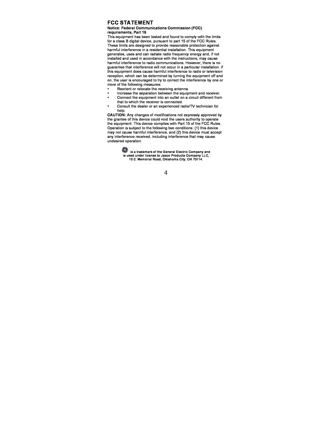 Jasco 98529 instruction manual Fcc Statement, Notice Federal Communications Commission FCC requirements, Part 