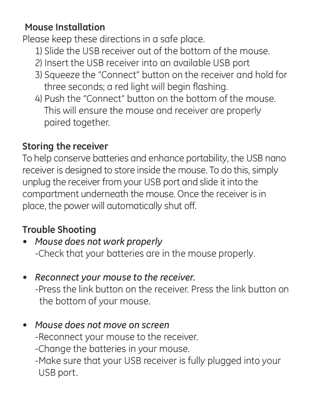 Jasco 98543 instruction manual Mouse Installation, Storing the receiver, Trouble Shooting 