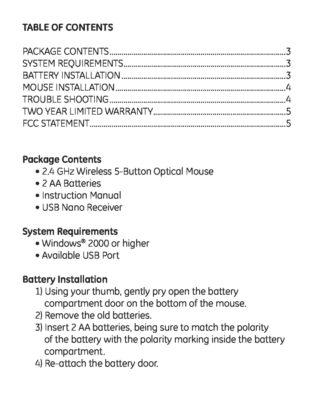 Jasco 98543 instruction manual Table Of Contents, Package Contents, System Requirements, Battery Installation 