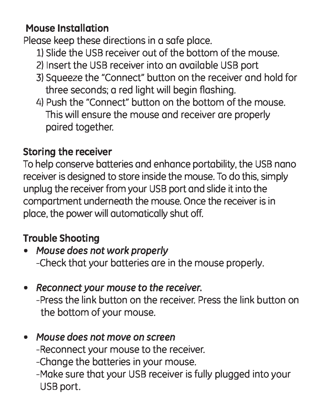 Jasco 98543 instruction manual Mouse Installation, Storing the receiver, Trouble Shooting, Mouse does not work properly 