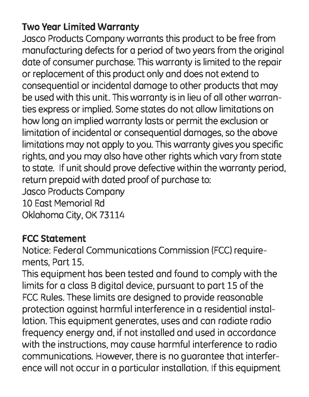 Jasco 98543 Two Year Limited Warranty, FCC Statement, Notice Federal Communications Commission FCC require- ments, Part 