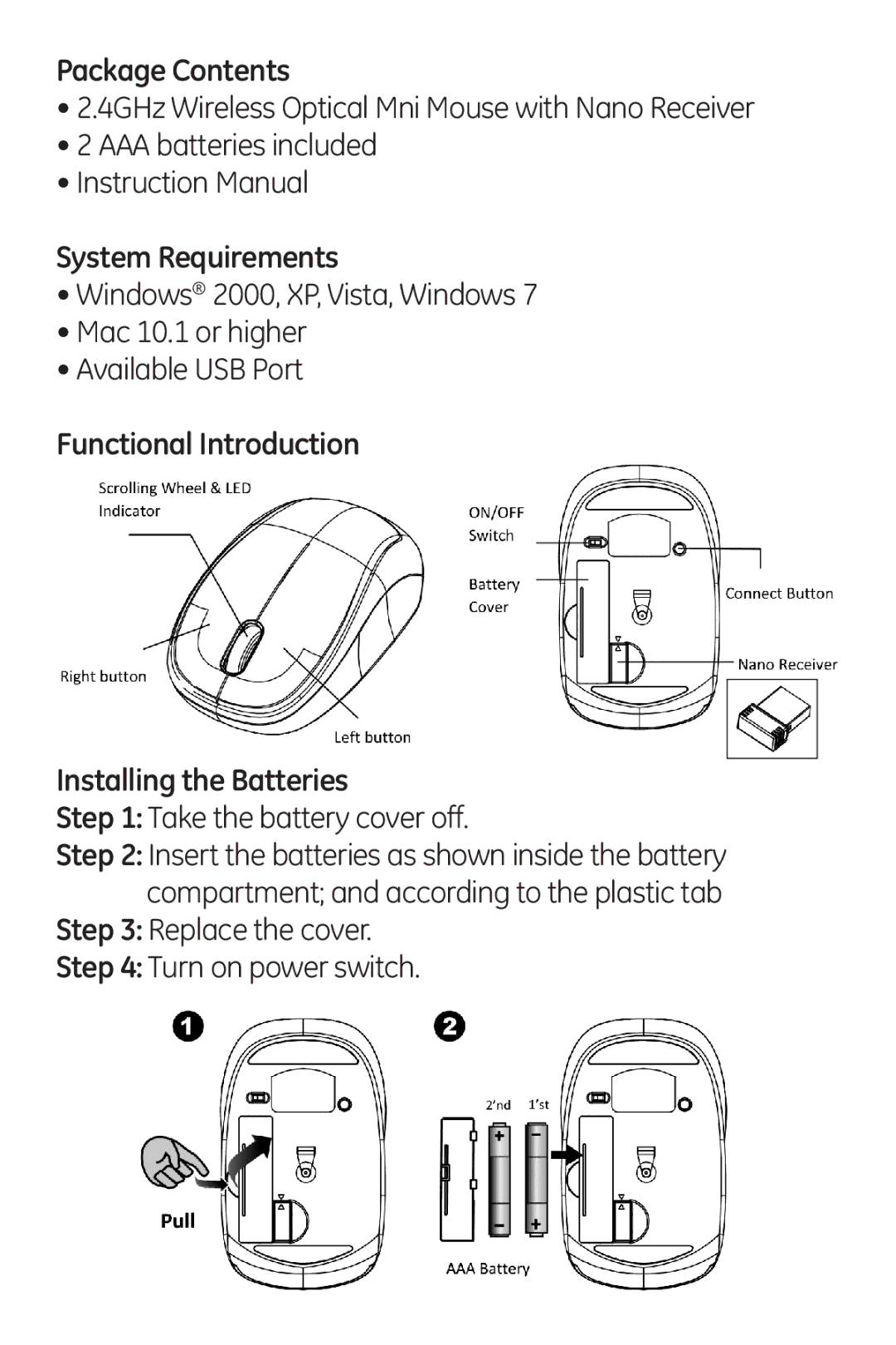 Jasco 98566 instruction manual Package Contents, System Requirements, Functional Introduction Installing the Batteries 