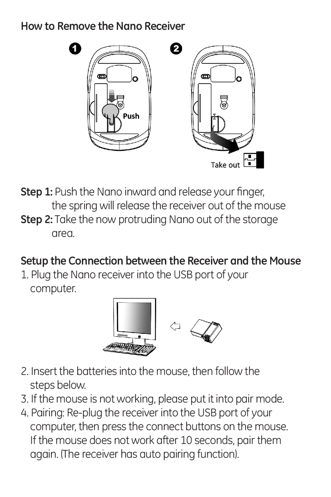 Jasco 98566 instruction manual How to Remove the Nano Receiver, Setup the Connection between the Receiver and the Mouse 