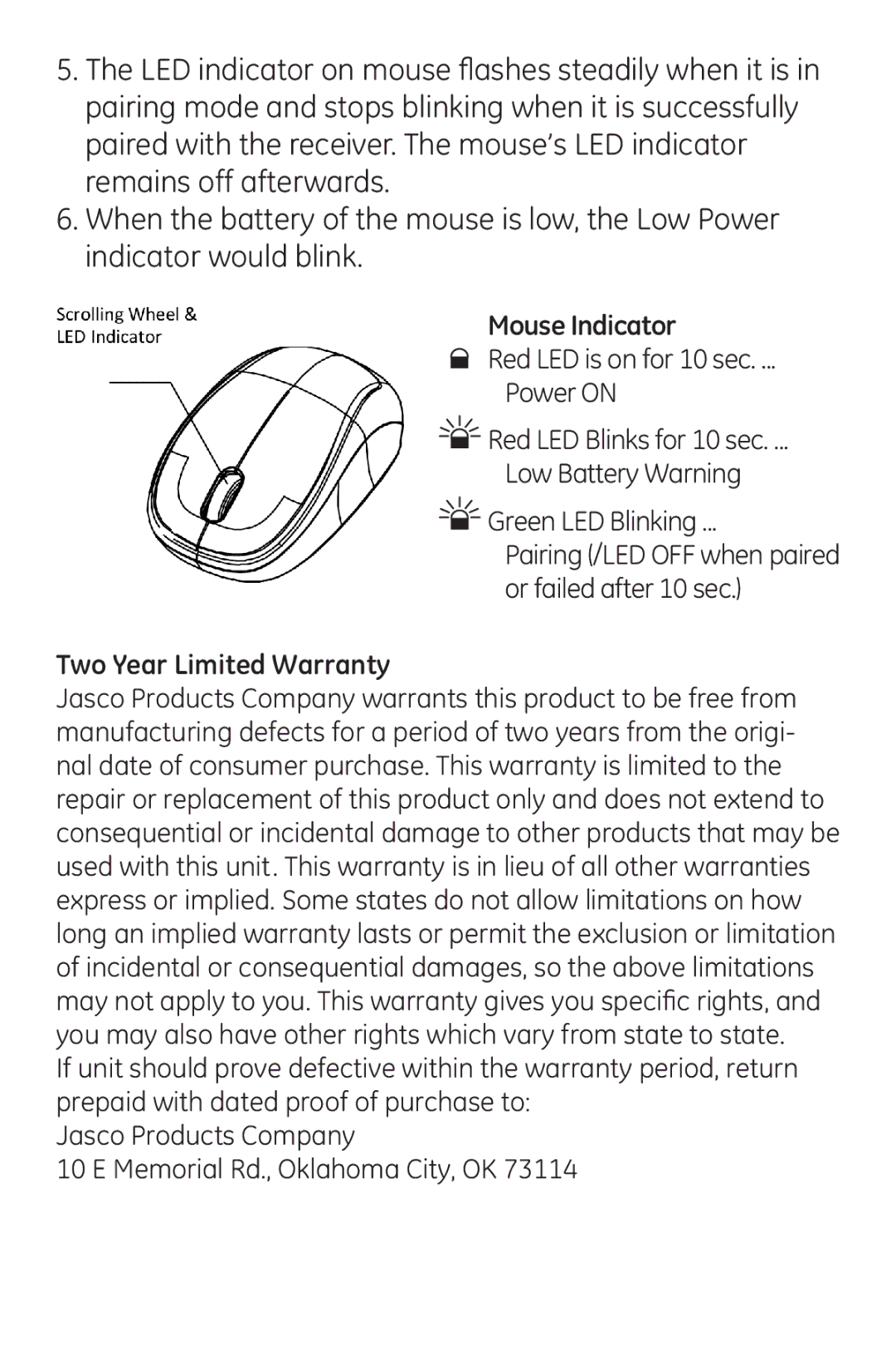 Jasco 98566 instruction manual Mouse Indicator, Two Year Limited Warranty 