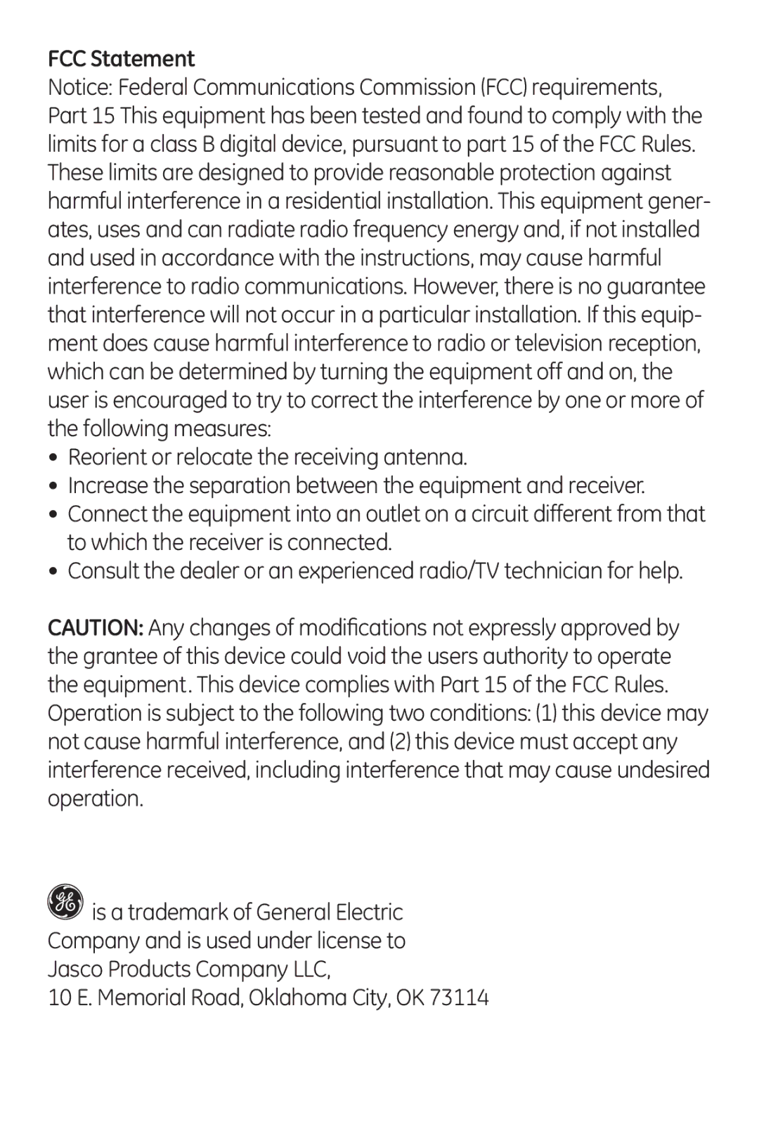 Jasco 98566 instruction manual FCC Statement 