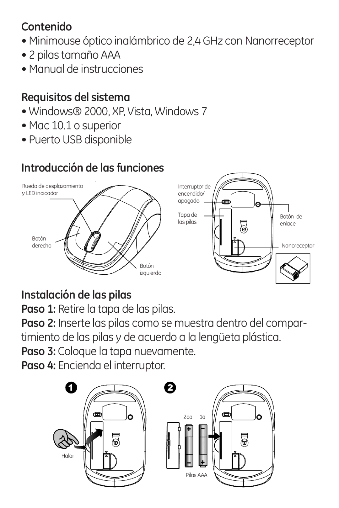 Jasco 98566 instruction manual Contenido, Requisitos del sistema, Introducción de las funciones, Instalación de las pilas 