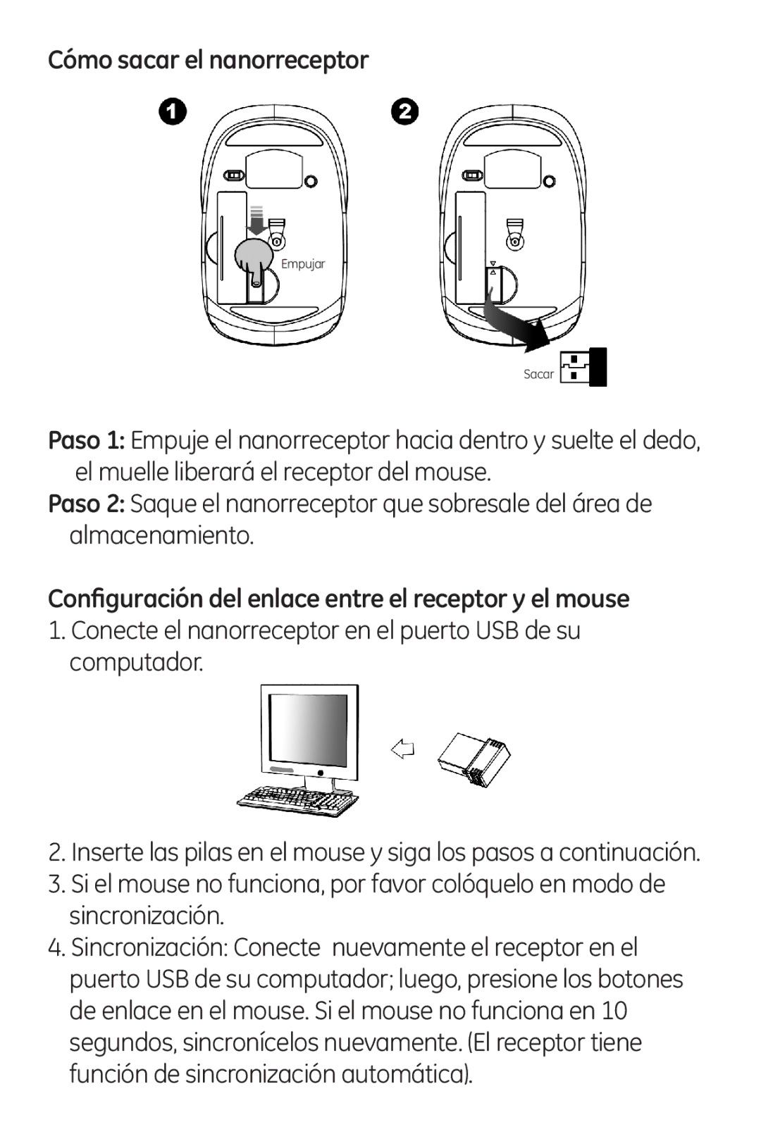 Jasco 98566 instruction manual Cómo sacar el nanorreceptor, Configuración del enlace entre el receptor y el mouse 