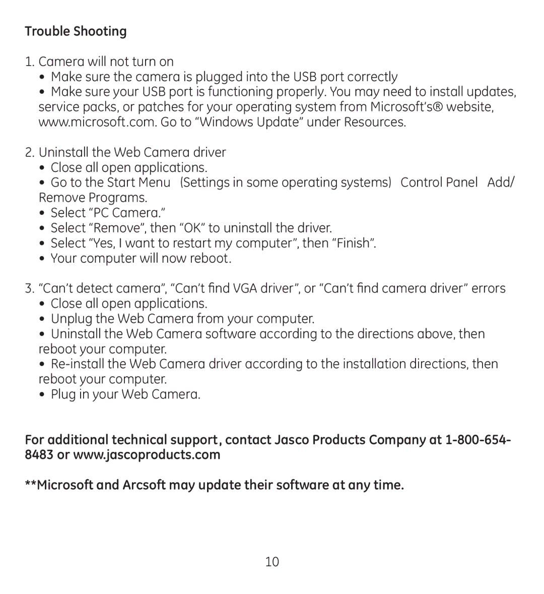 Jasco 98650-3 manual Trouble Shooting, Microsoft and Arcsoft may update their software at any time 