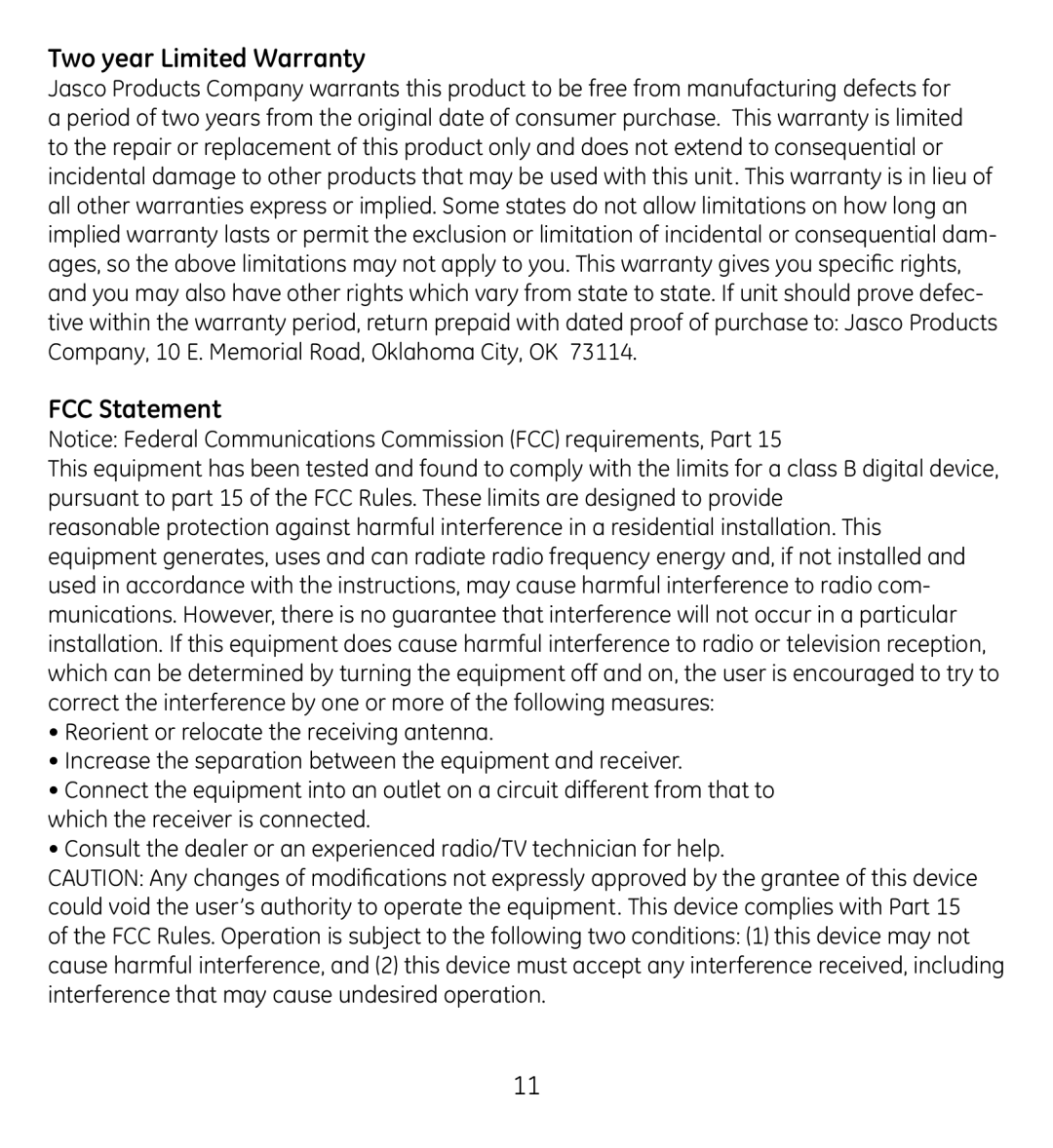 Jasco 98650-3 manual Two year Limited Warranty, FCC Statement 