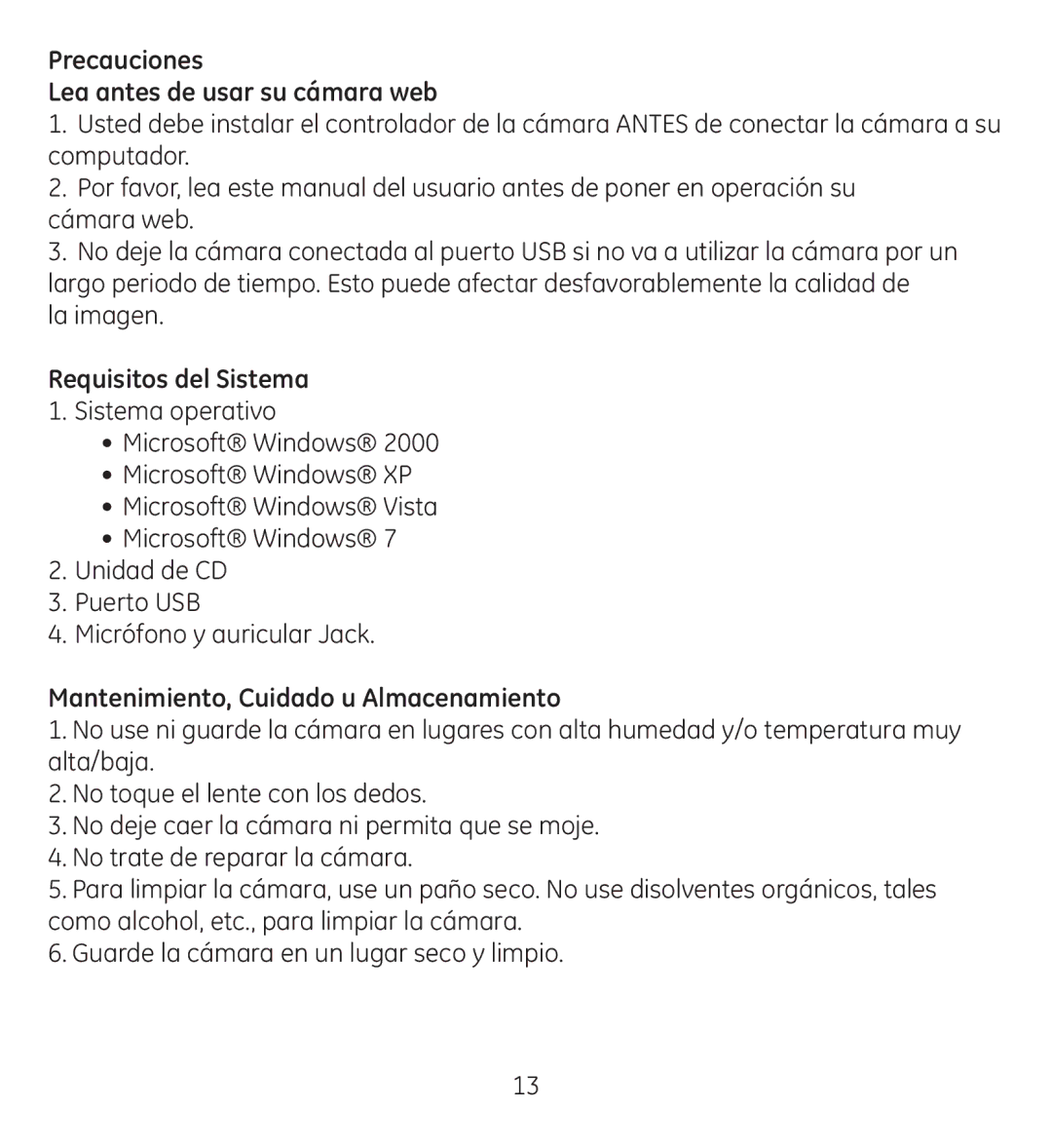 Jasco 98650-3 manual Precauciones Lea antes de usar su cámara web, Requisitos del Sistema 