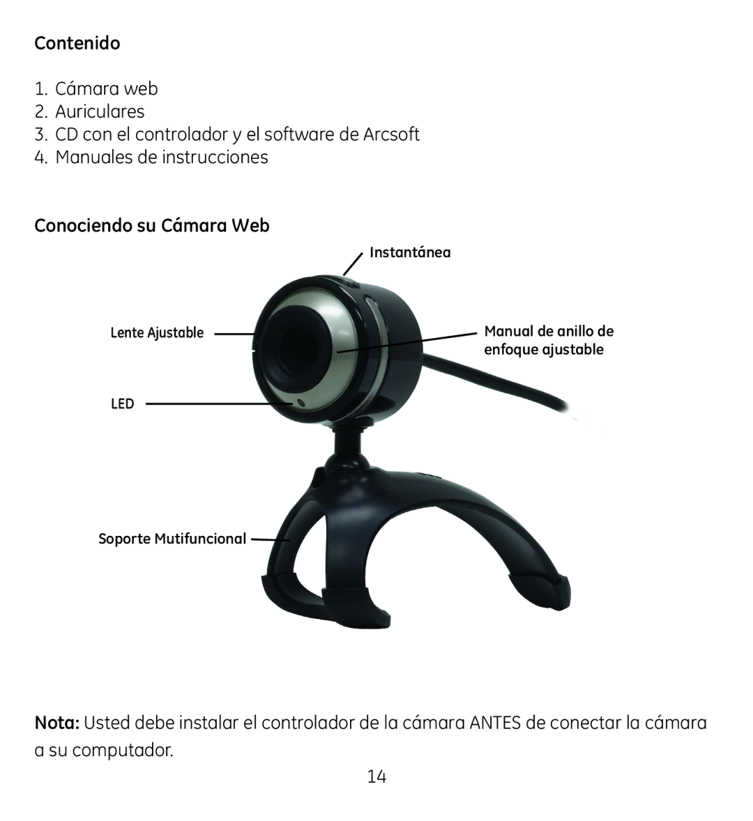 Jasco 98650-3 manual Contenido, Conociendo su Cámara Web 