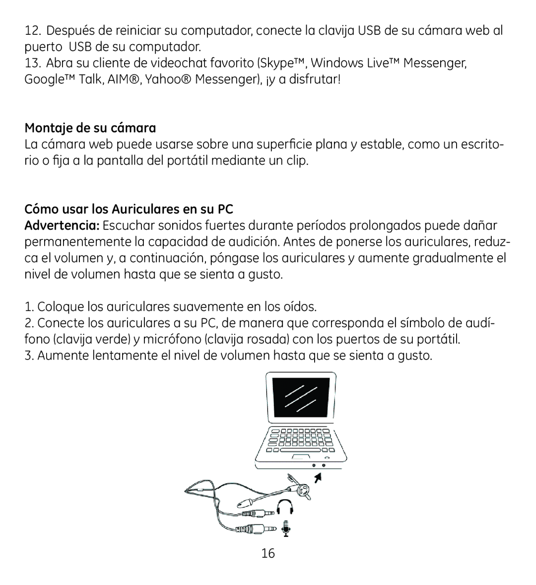 Jasco 98650-3 manual Montaje de su cámara, Cómo usar los Auriculares en su PC 