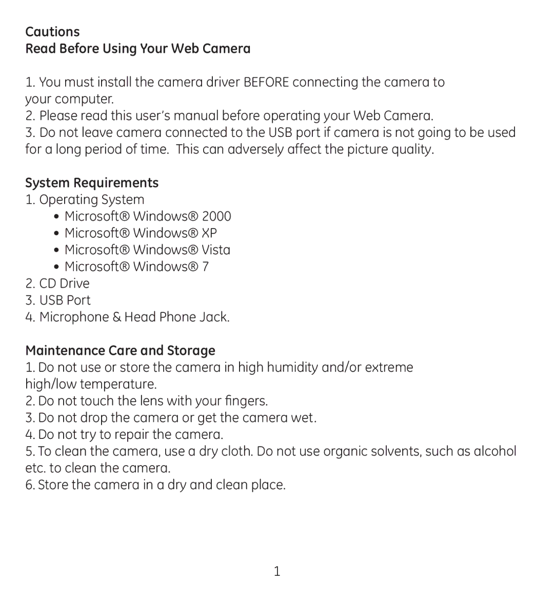 Jasco 98650-3 manual Read Before Using Your Web Camera, System Requirements, Maintenance Care and Storage 