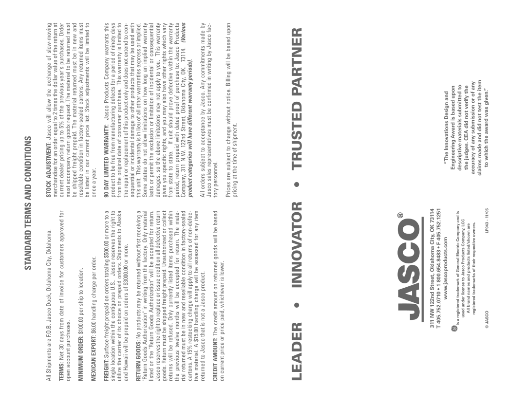 Jasco 98656 manual Leader Innovator Trusted Partner, Standard Terms and Conditions, Innovations Design 