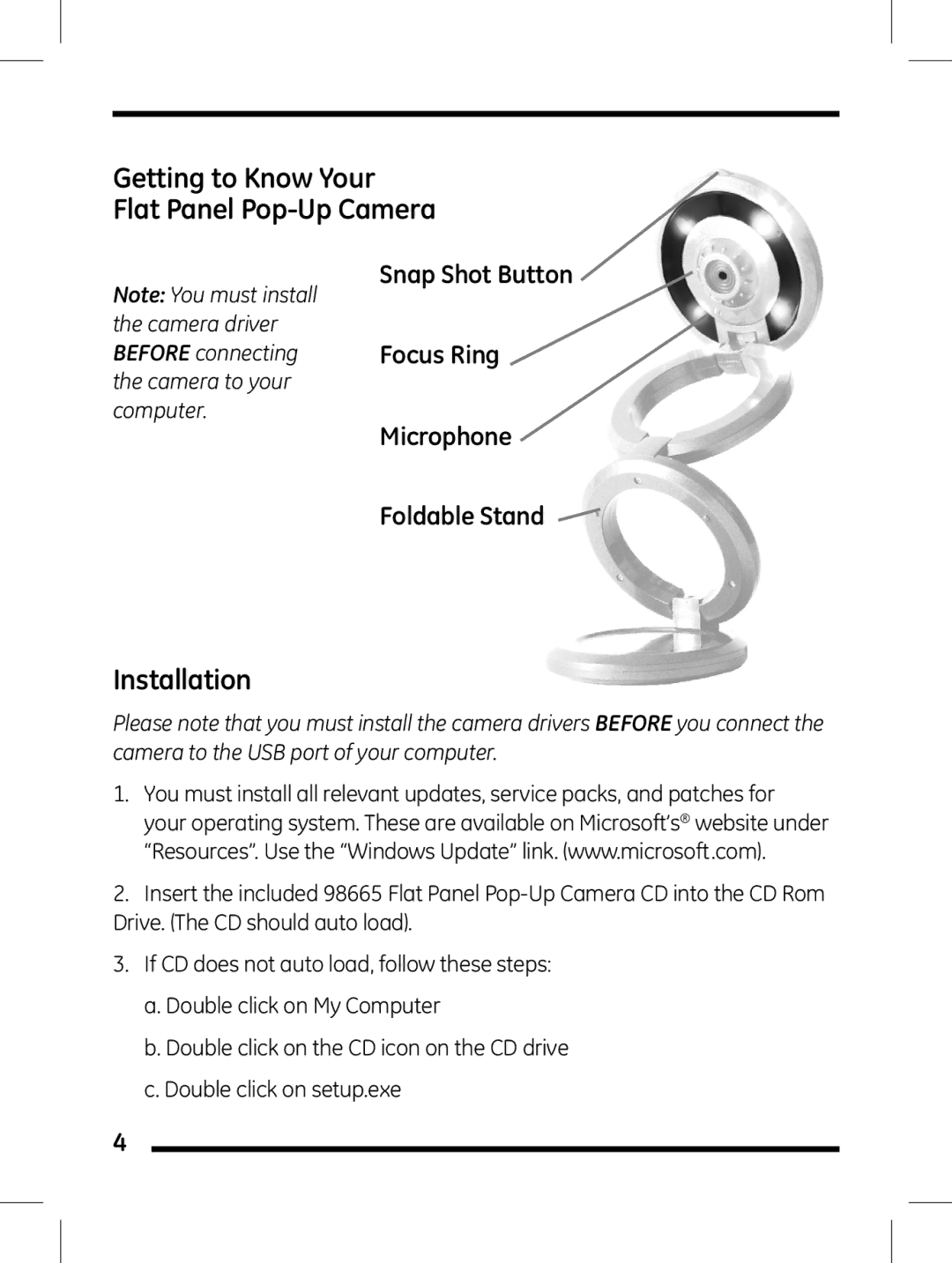 Jasco 98665 user manual Getting to Know Your Flat Panel Pop-Up Camera, Installation 