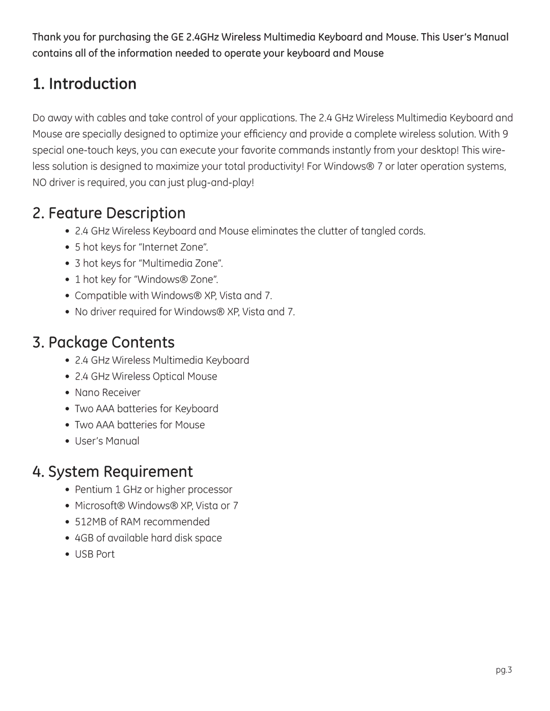 Jasco 98700, 98600, 98552 user manual Introduction, Feature Description, Package Contents, System Requirement 