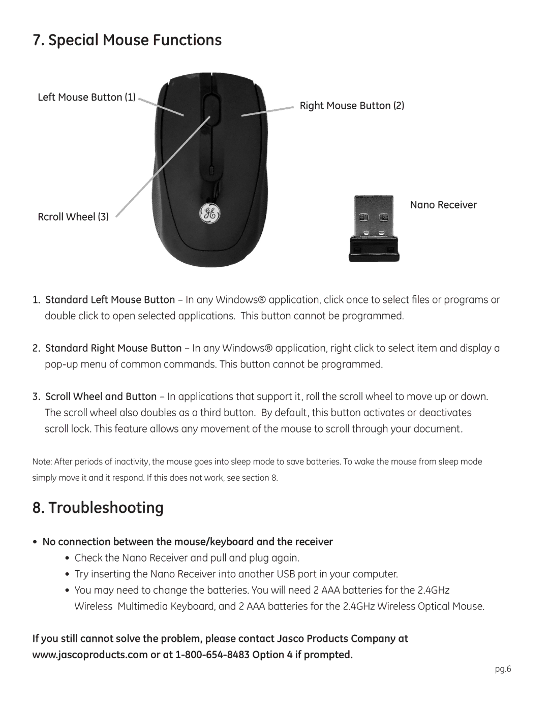 Jasco 98700, 98600, 98552 user manual Special Mouse Functions, Troubleshooting 