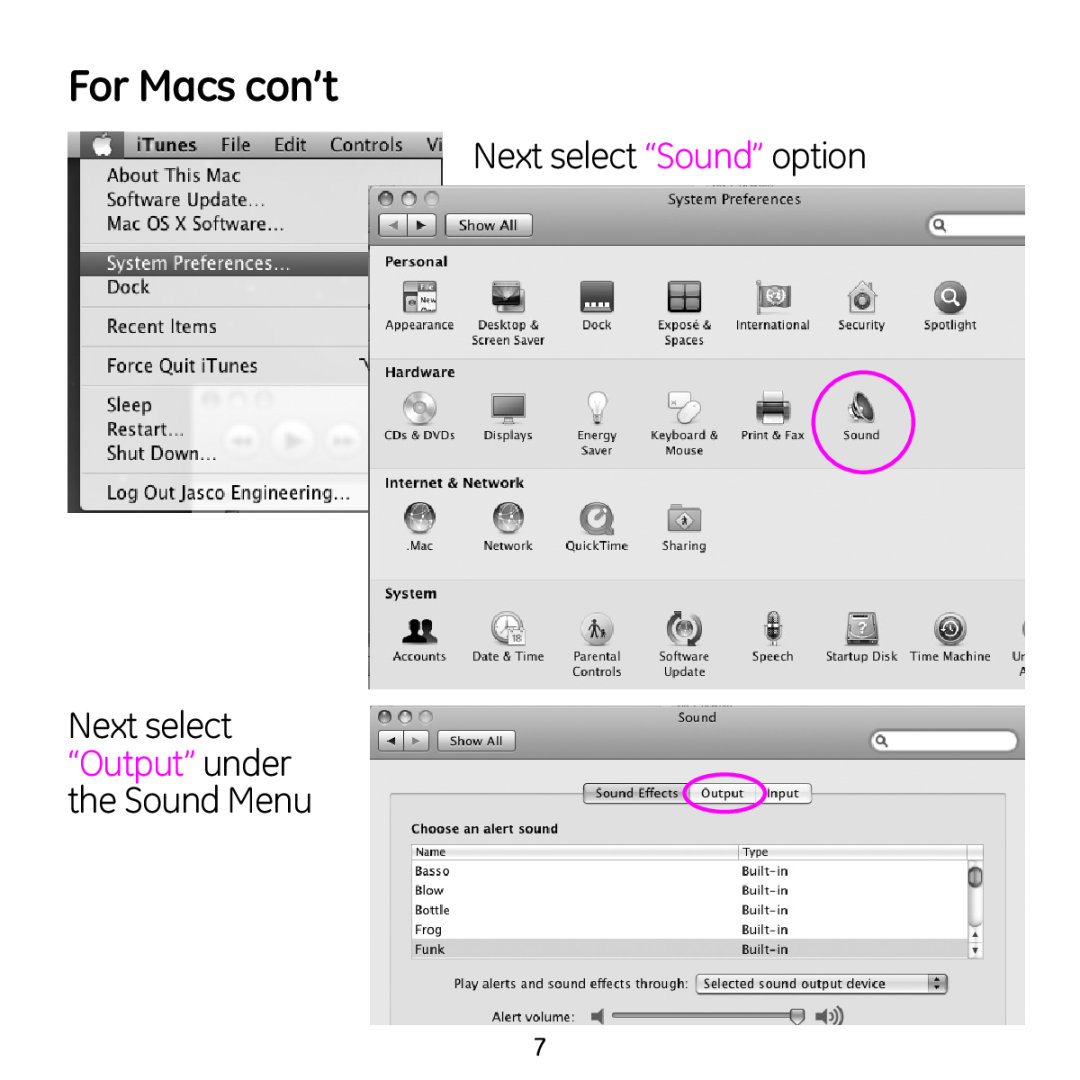 Jasco 98925 manual For Macs con’t, Next select “Sound” option, Next select “Output” under the Sound Menu 