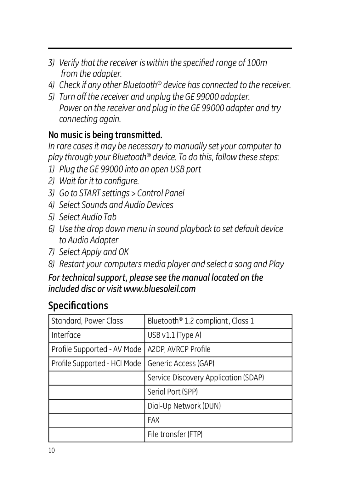 Jasco 99000 user manual Speciﬁcations, No music is being transmitted 