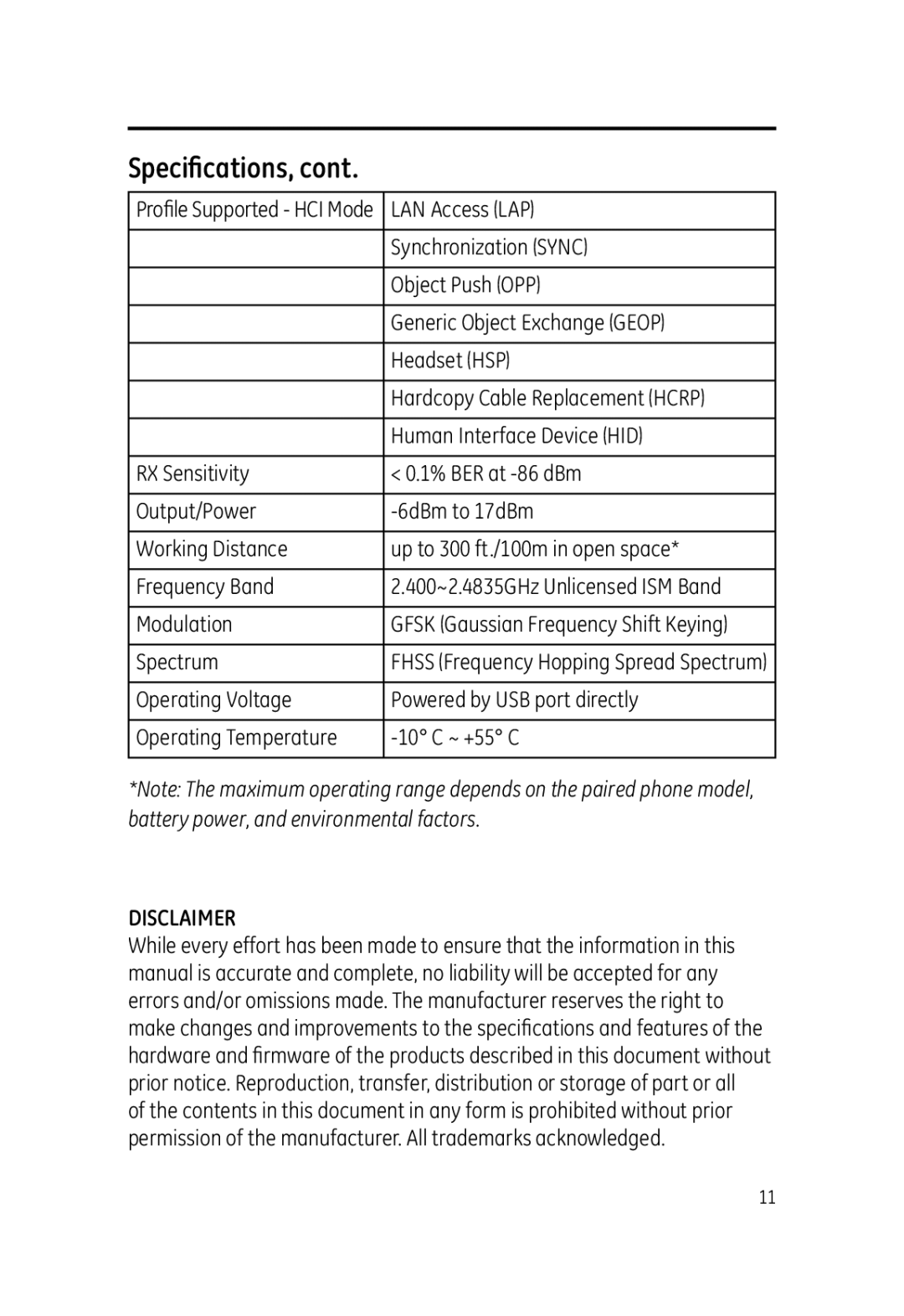 Jasco 99000 user manual Speciﬁcations, Disclaimer 