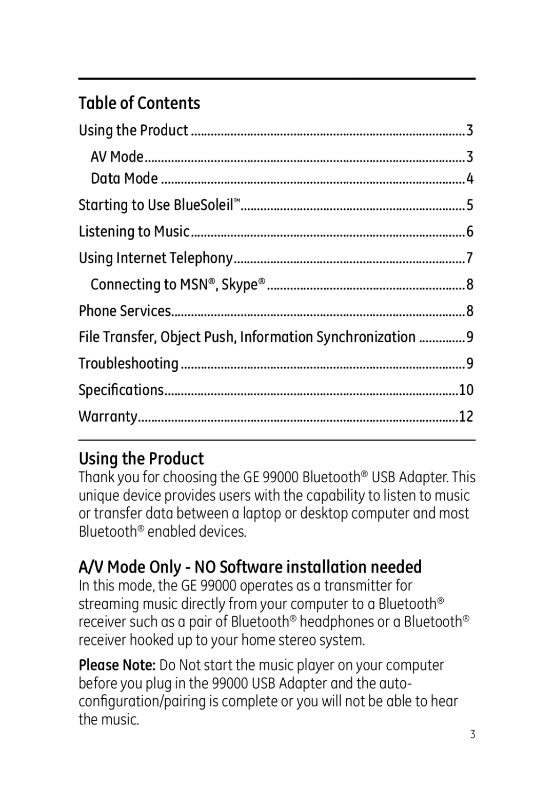 Jasco 99000 user manual Table of Contents, Using the Product, Mode Only no Software installation needed 