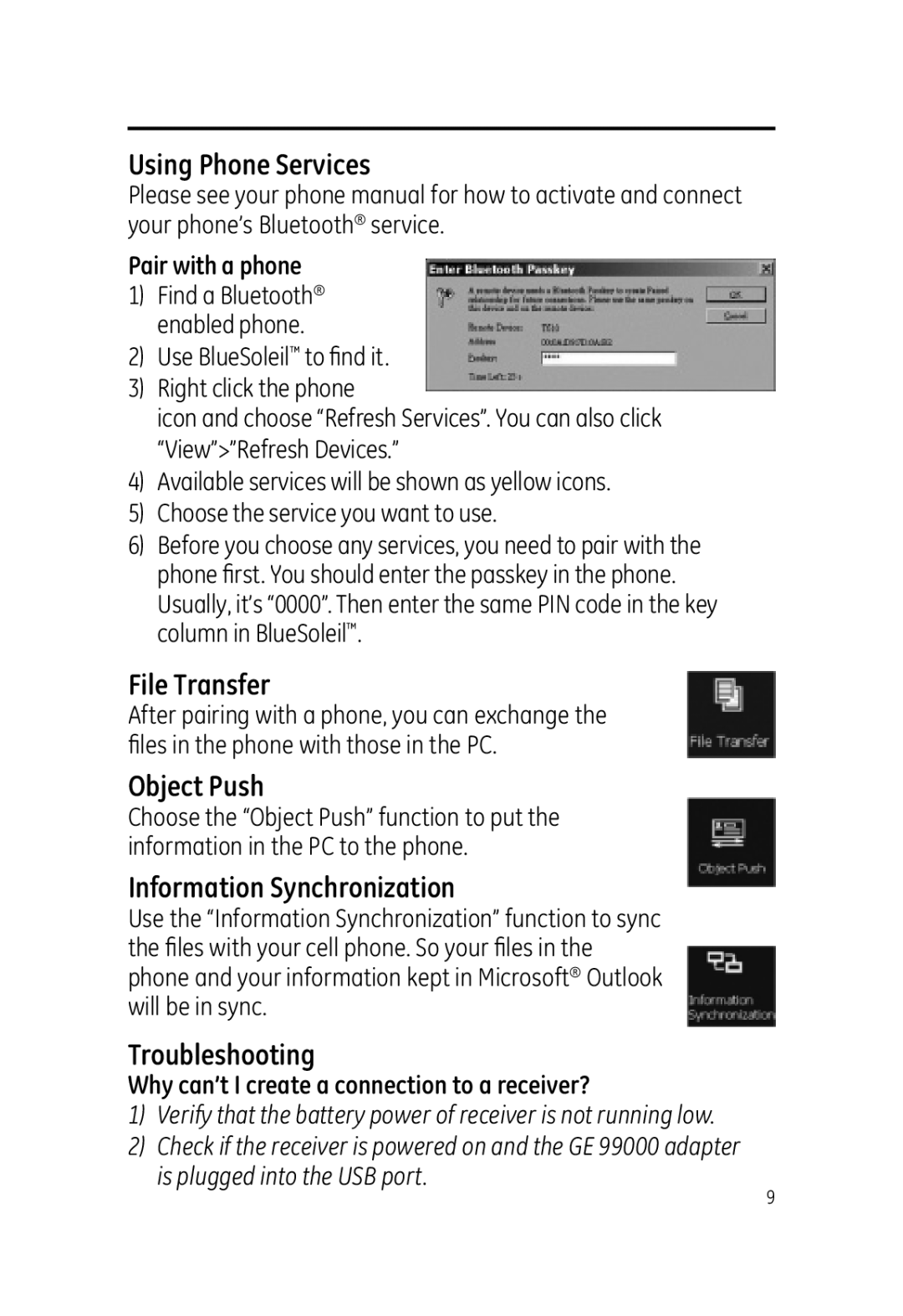 Jasco 99000 user manual Using Phone Services, File Transfer, Object Push, Information Synchronization, Troubleshooting 