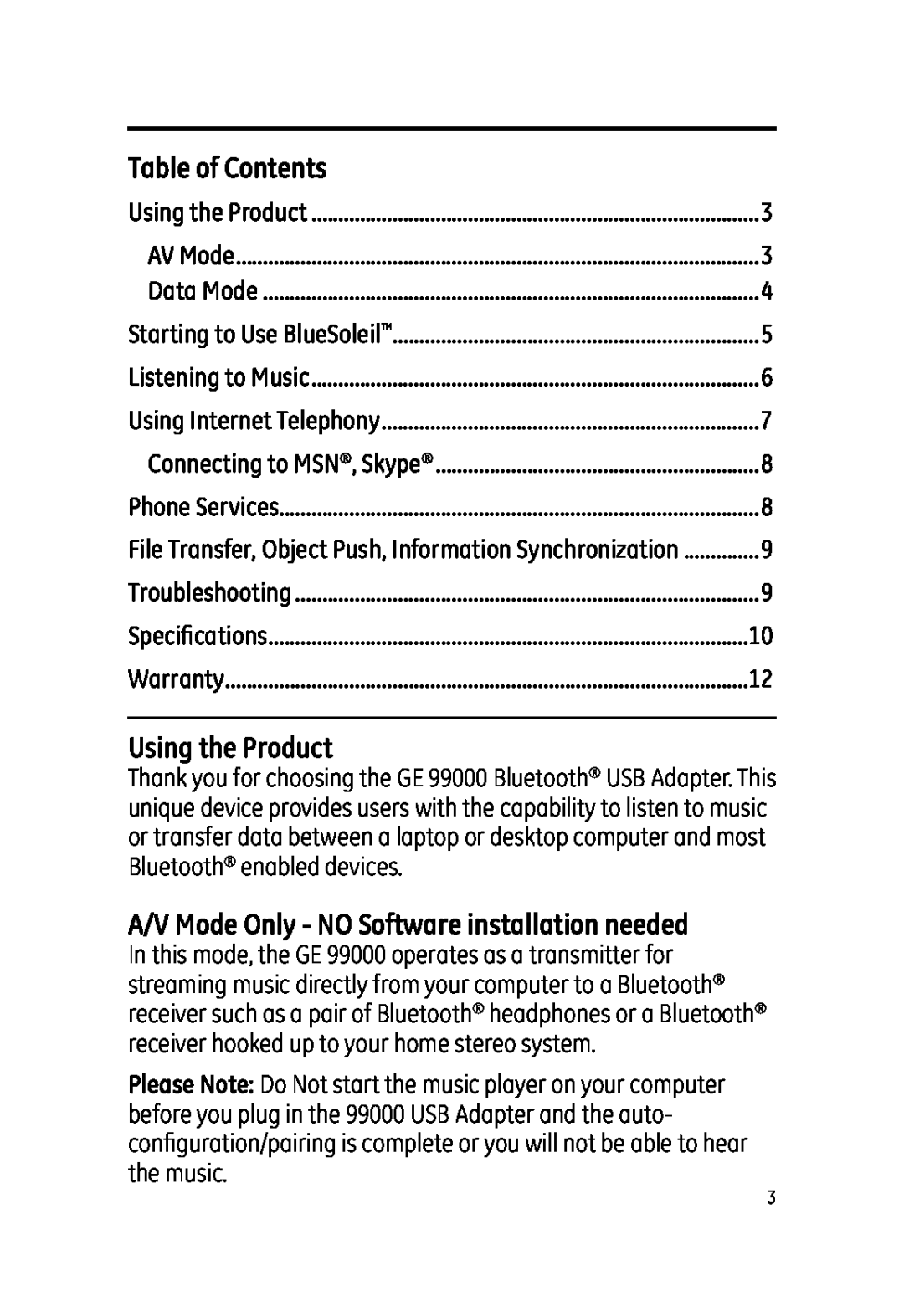 Jasco 99000 user manual Table of Contents, Using the Product, A/V Mode Only - NO Software installation needed 