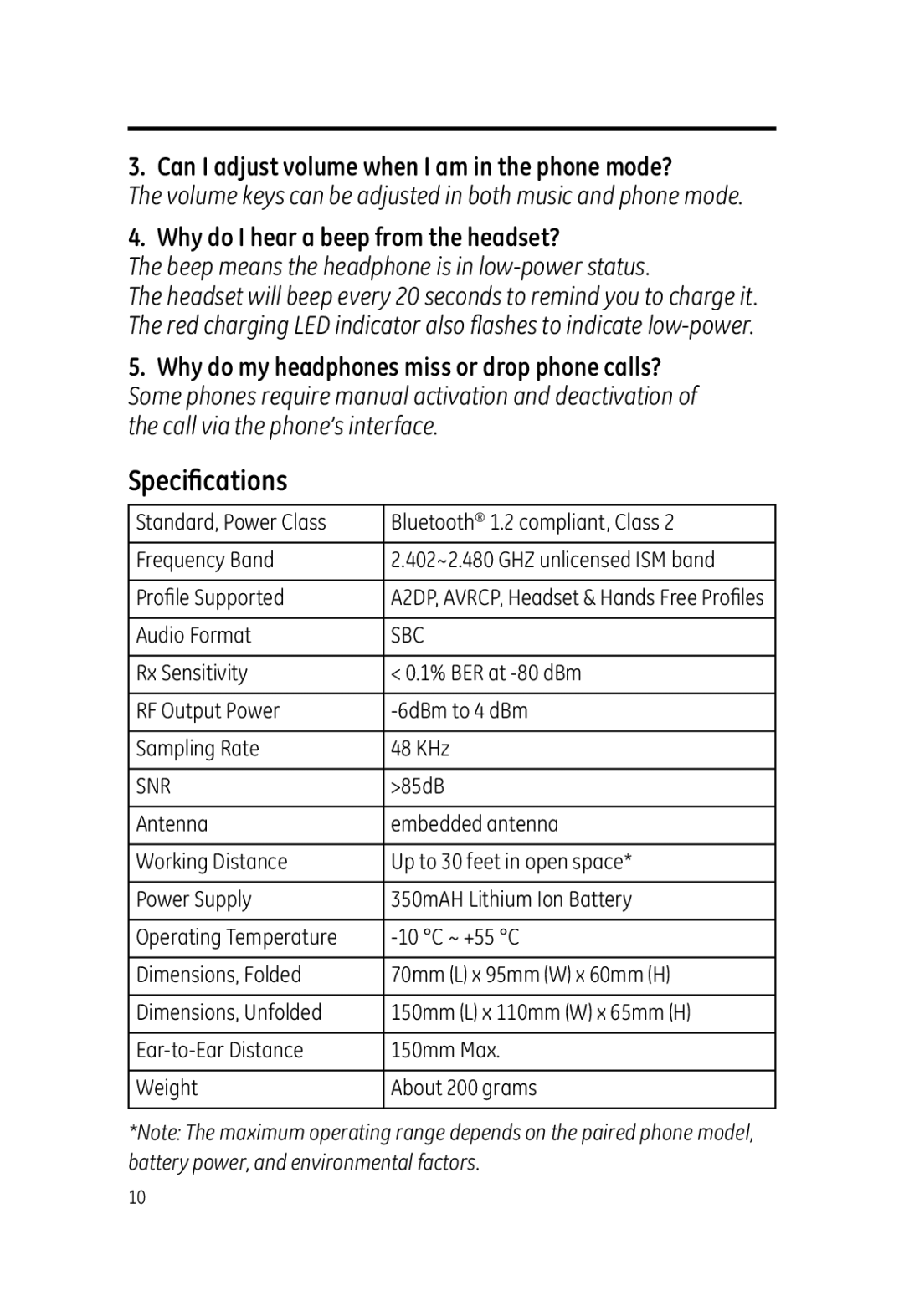 Jasco 99002 user manual Speciﬁcations, Why do I hear a beep from the headset? 